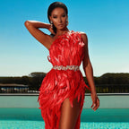 One-Shoulder Sequin Feather-Trim Bodycon Dress in Red