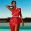 One-Shoulder Sequin Feather-Trim Bodycon Dress in Red