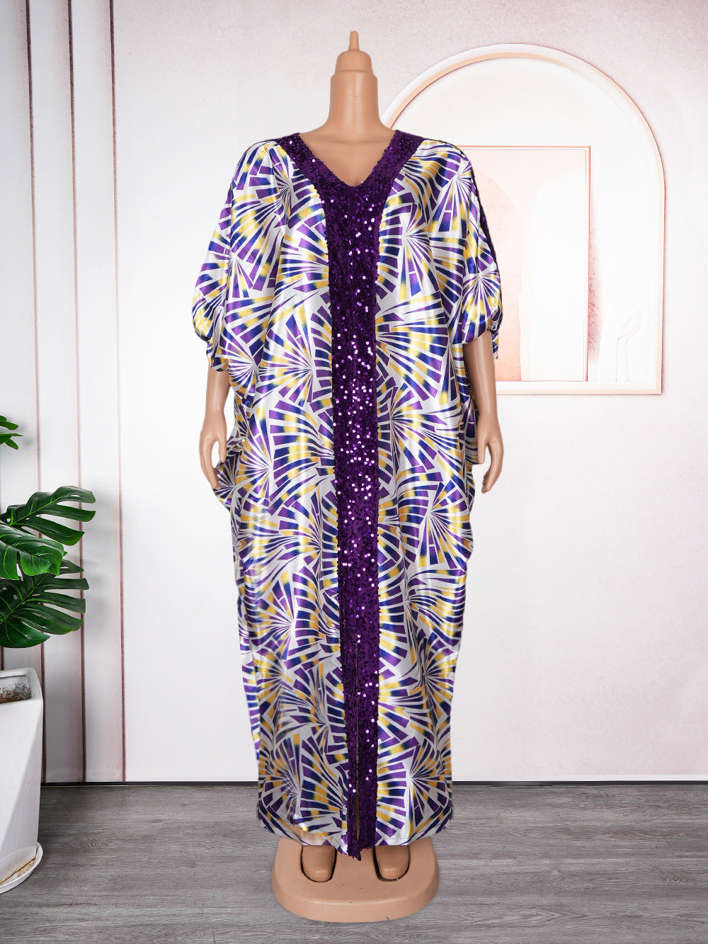 Beaded African Print Maxi Dress for Women, V-Neck
