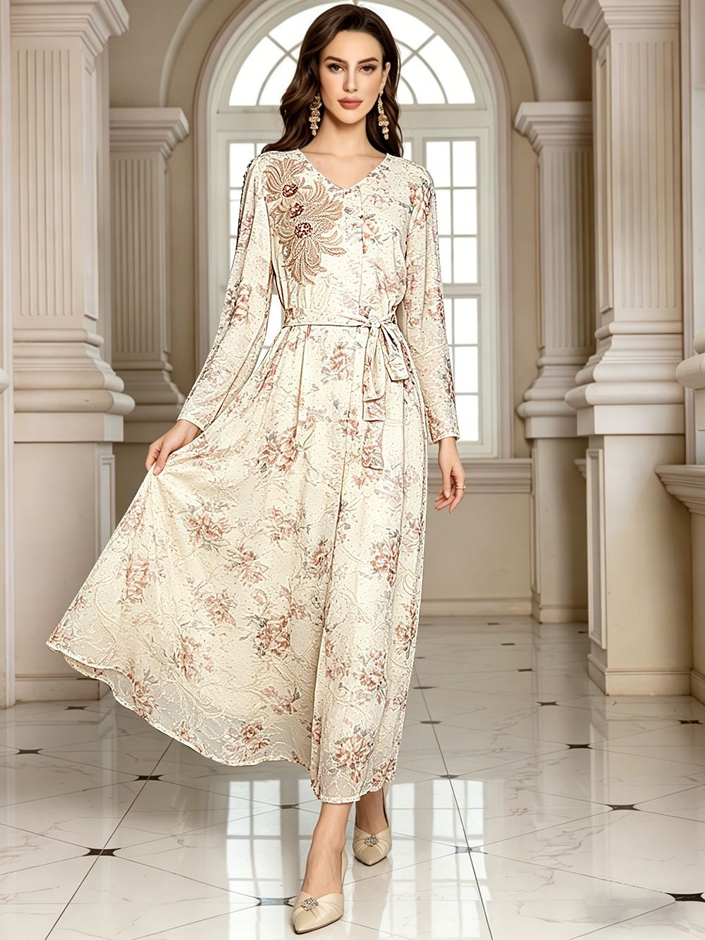 V-Neck Lace-Up Long-Sleeve Maxi Dress