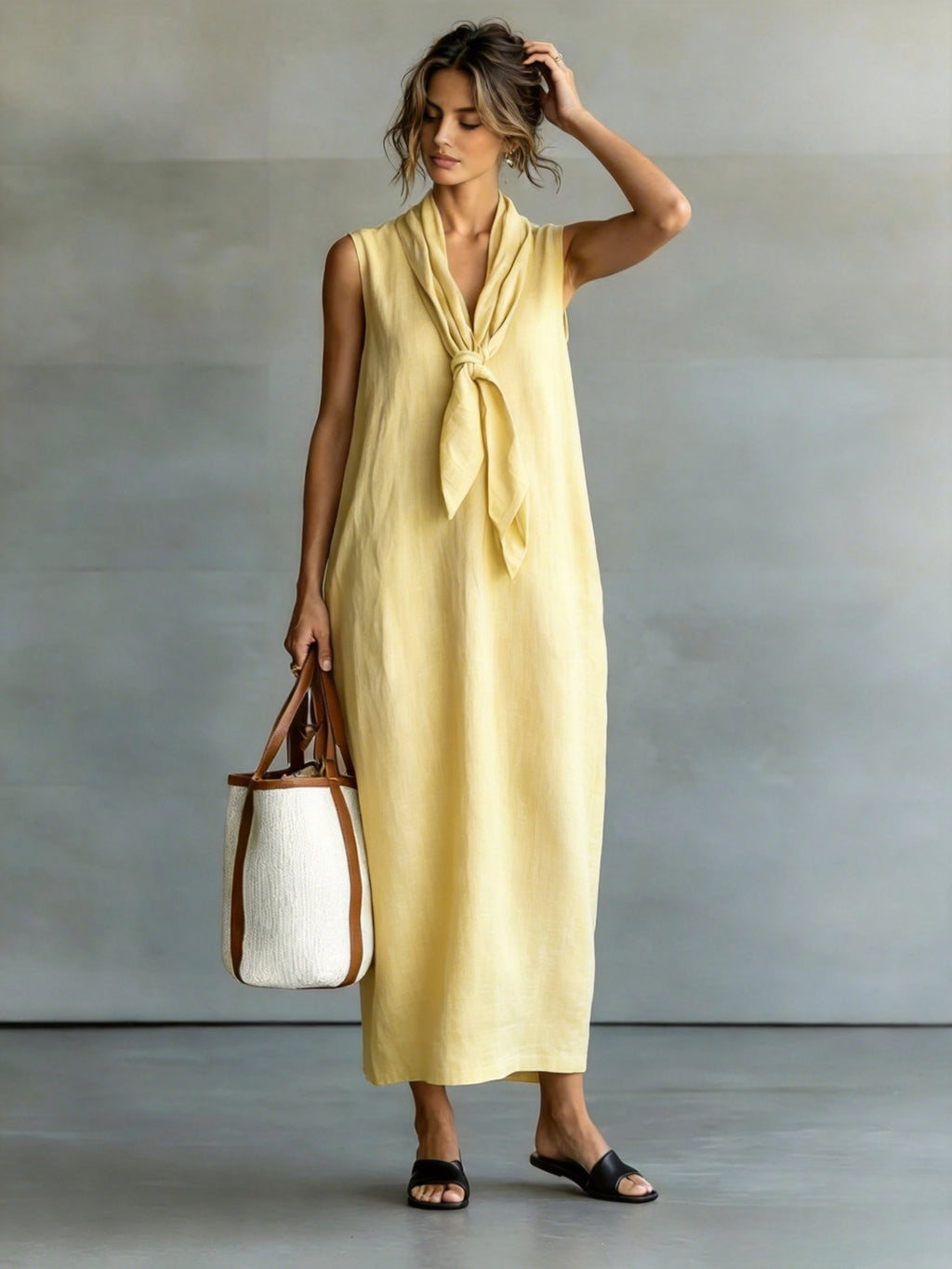 Sleeveless V-Neck Maxi Dress, Tie Waist