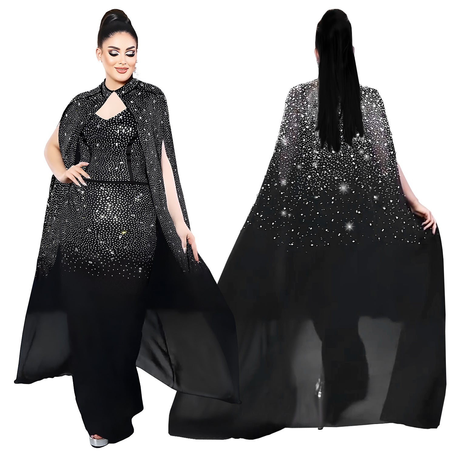 Rhinestone Cape Bodycon Maxi Dress