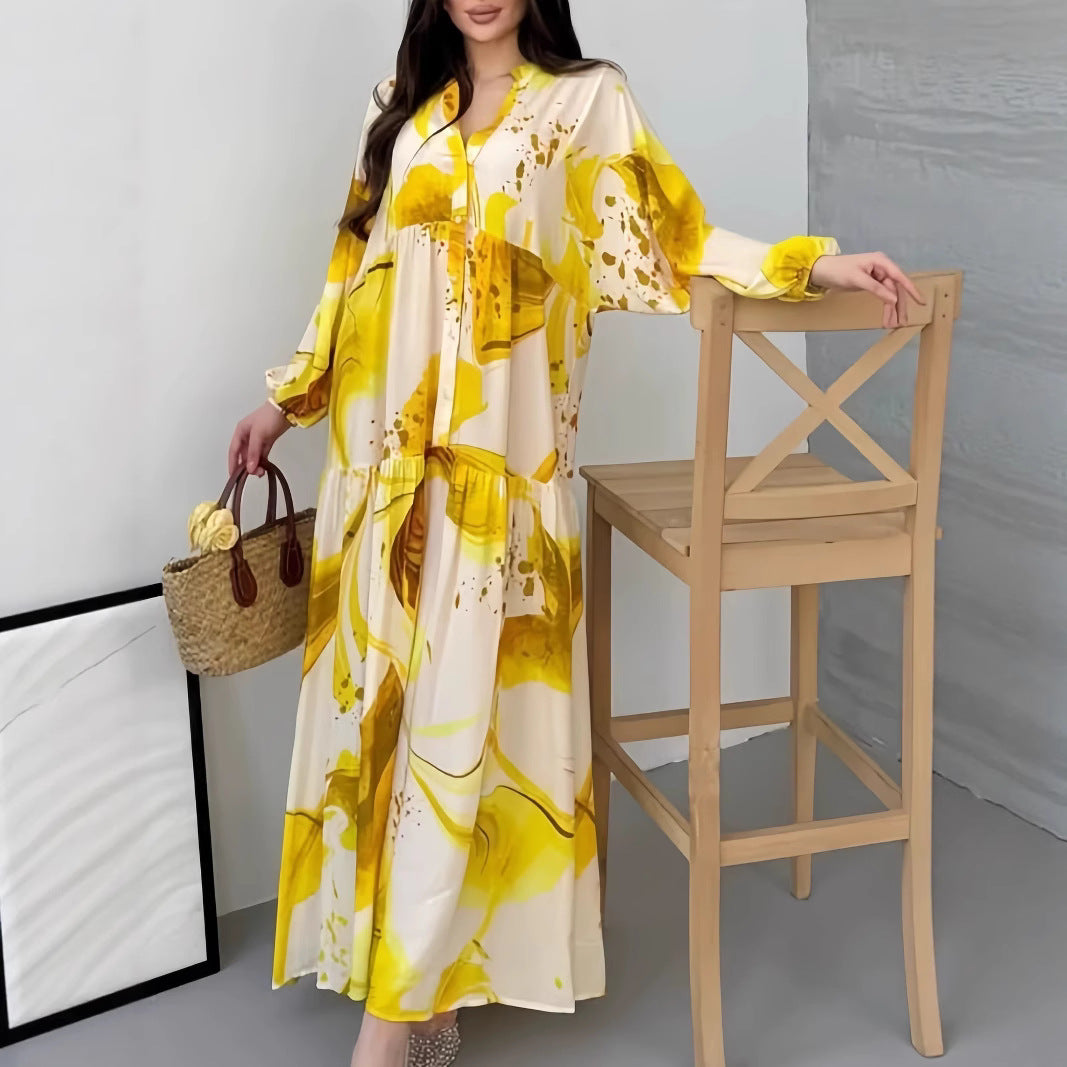 Printed V-Neck Long-Sleeve Loose Maxi Dress