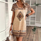 Geometric Print Mini Dress, V-Neck