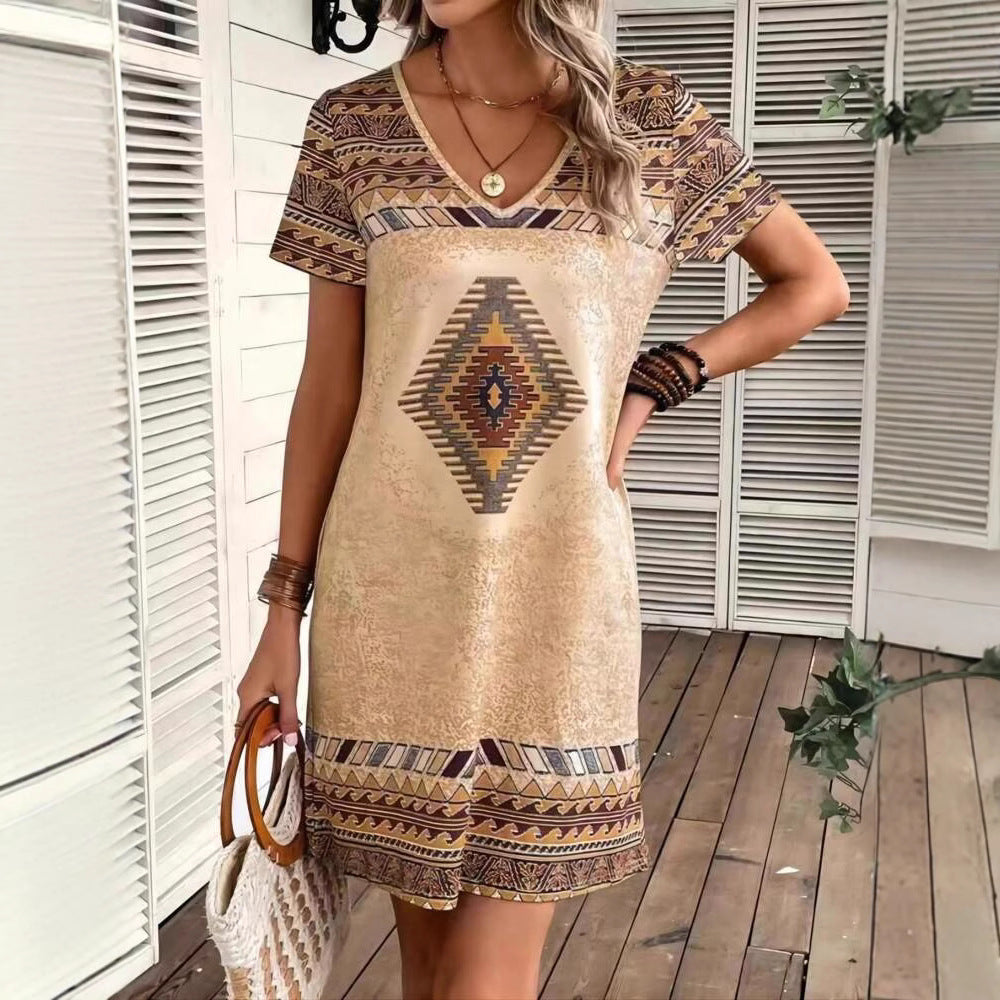 Geometric Print Mini Dress, V-Neck
