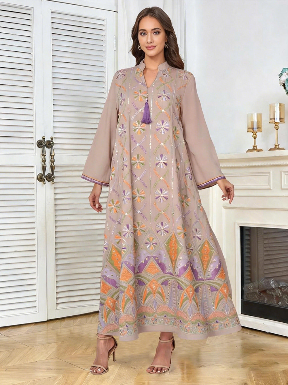 V-Neck Tassel Long-Sleeve Maxi Dress