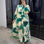 Printed V-Neck Long-Sleeve Loose Maxi Dress