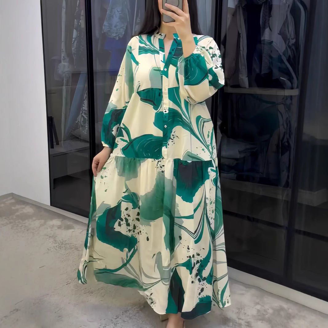 Printed V-Neck Long-Sleeve Loose Maxi Dress