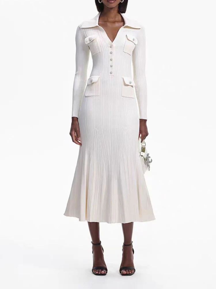 Ivory Ribbed-Knit Fishtail Maxi Dress for Women, Long Sleeve
