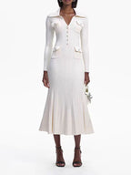 Ivory Ribbed-Knit Fishtail Maxi Dress for Women, Long Sleeve