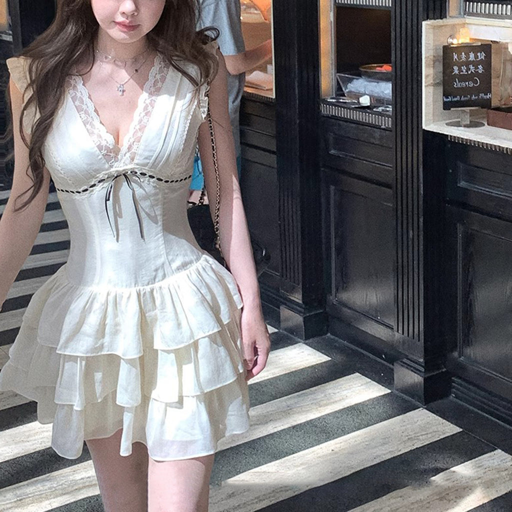 V-Neck Lace-Splice High-Waist Slim Dress for Women, Sleeveless