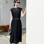 Pleated Shiny Satin Maxi Dress for Women, Sleeveless A-Line