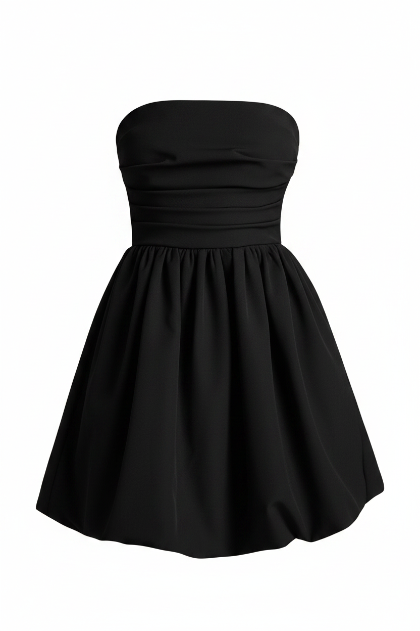 Elise-Ruched Tube Mini Dress in Black