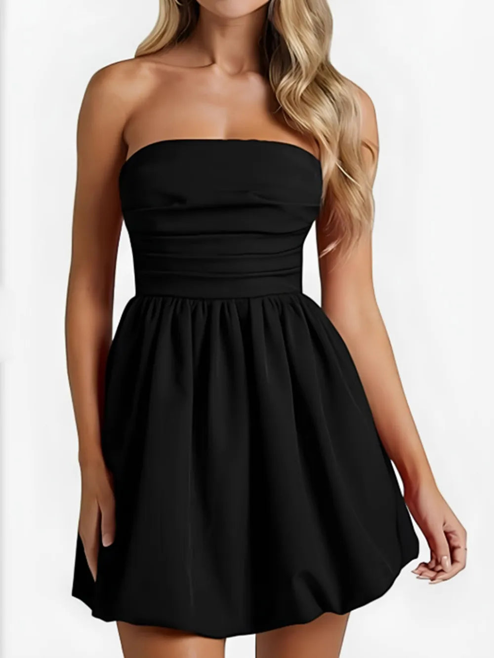 Elise-Ruched Tube Mini Dress in Black Secondary image