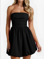 Ruched tube mini dress in black, strapless bodycon party dress by Vilmere