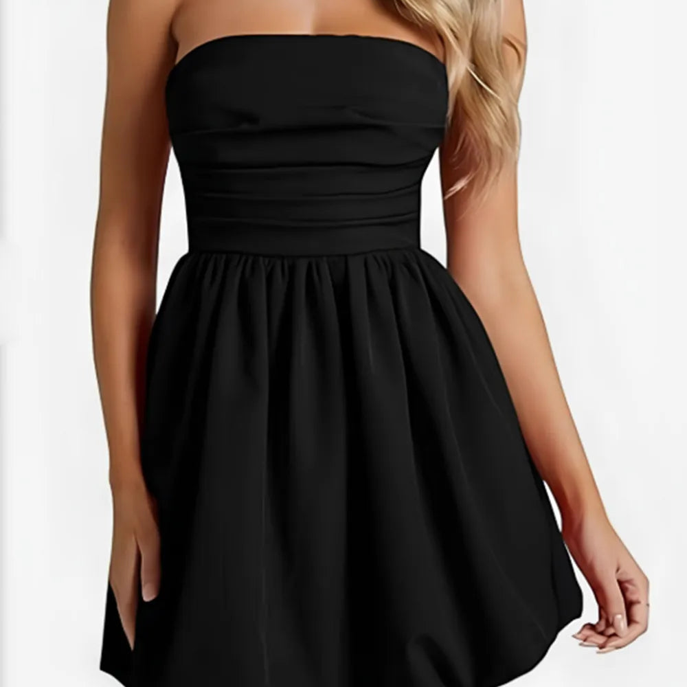 Ruched tube mini dress in black, strapless bodycon party dress by Vilmere