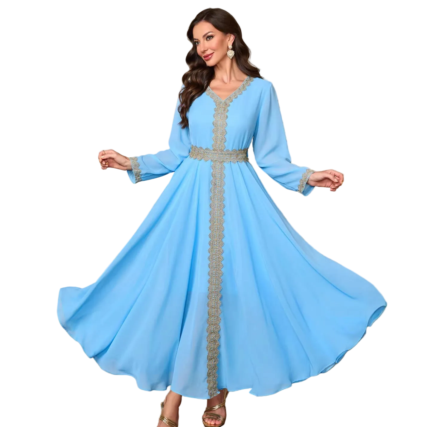 Lace Belted Chiffon Maxi Dress for women with long sleeves Main image