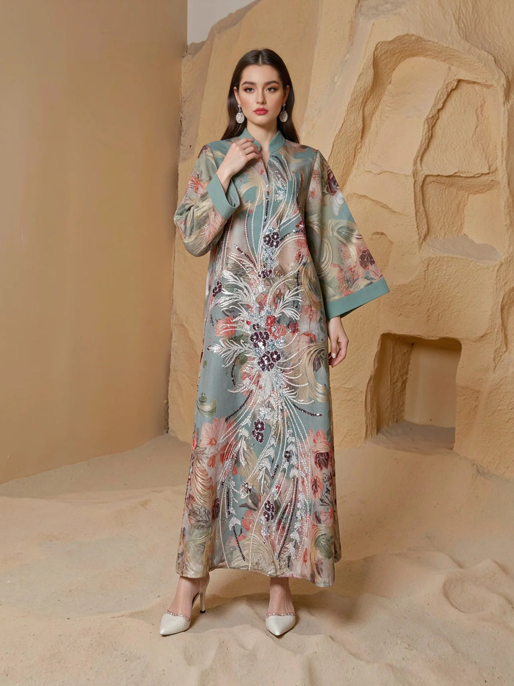Printed Beaded Robe Maxi Dress
