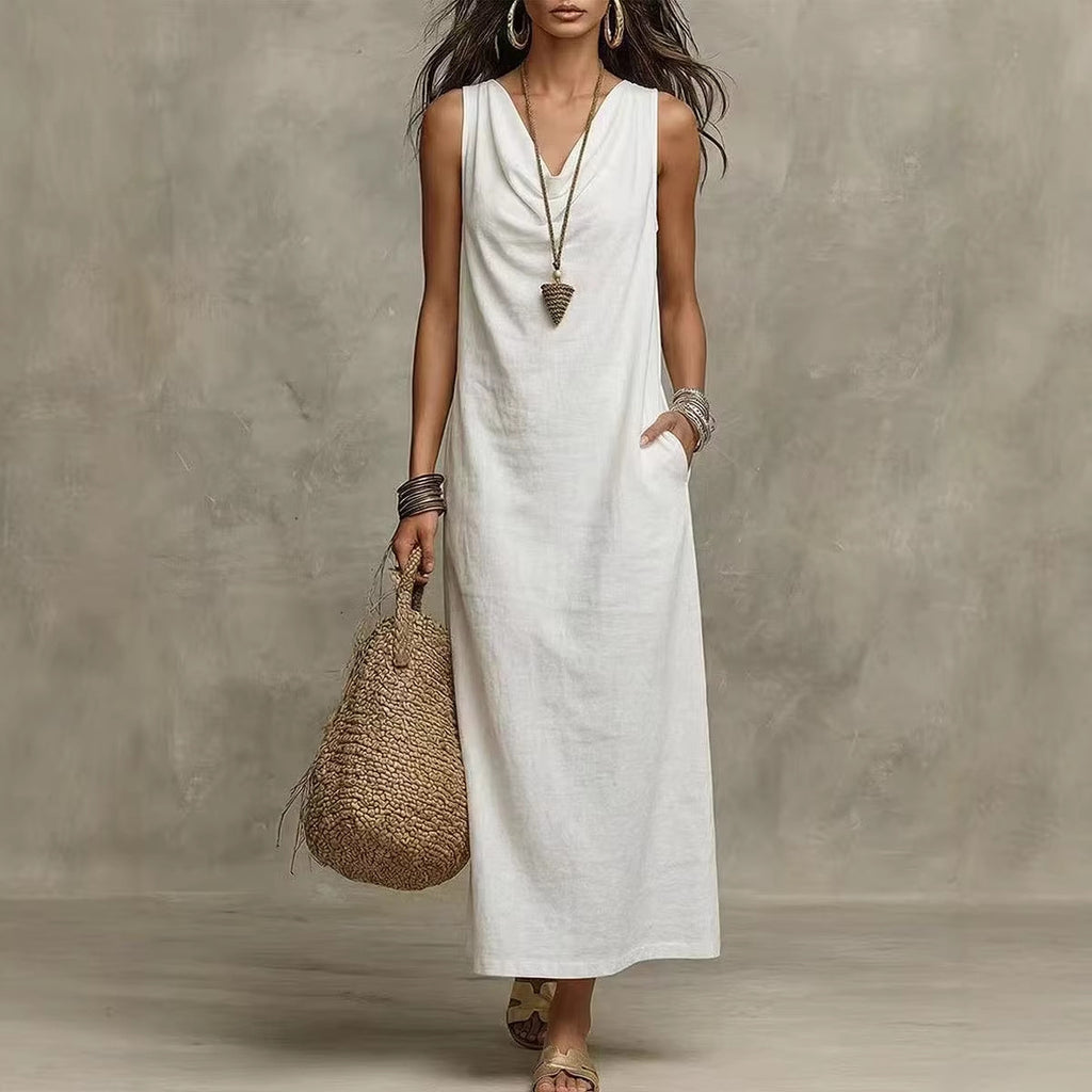 Solid Halter V-Neck A-Line Maxi Dress