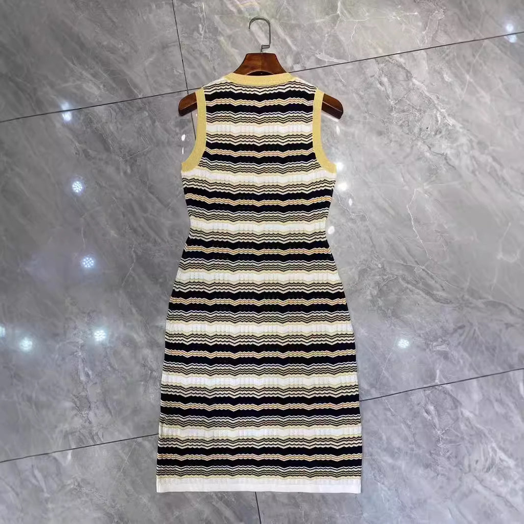 Striped Jacquard Knitted Sleeveless Waist-Cinching Dress for Women