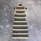 Striped Jacquard Knitted Sleeveless Waist-Cinching Dress for Women