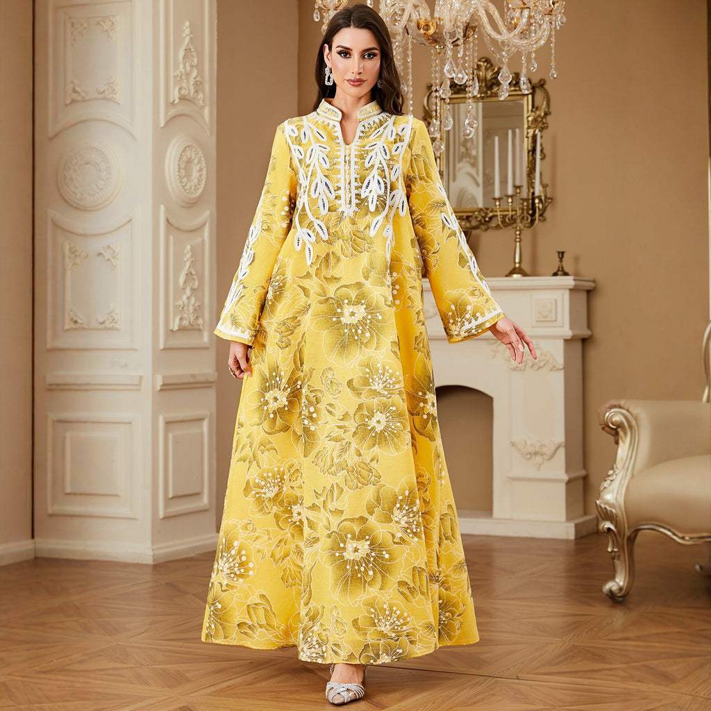 Yellow Embroidered Printed Robe Maxi Dress