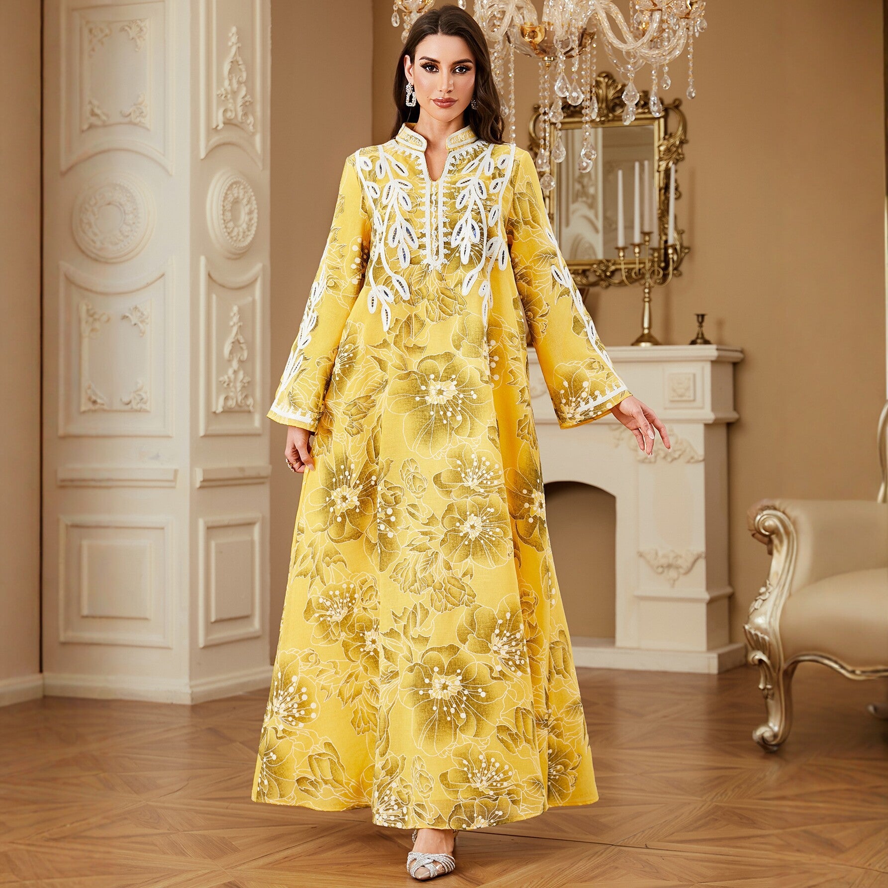 Yellow Embroidered Printed Robe Maxi Dress