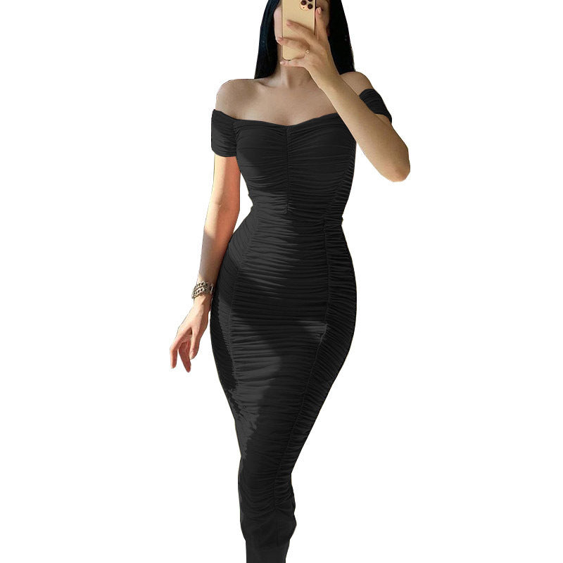 Off-Shoulder Pleated Maxi Dress for Women, One-Shoulder