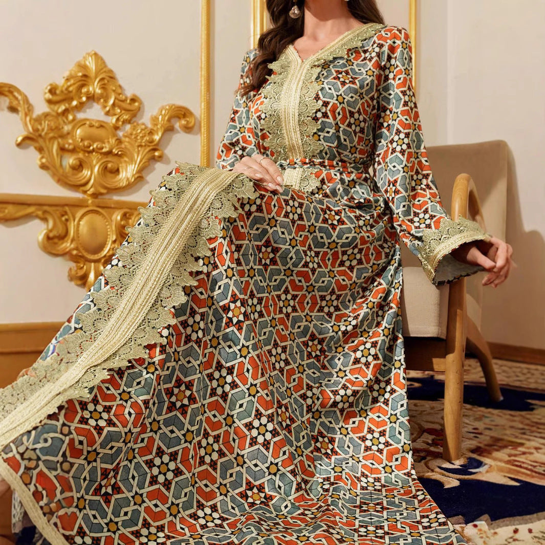 Long-Sleeve Lace Maxi Dress with Belt