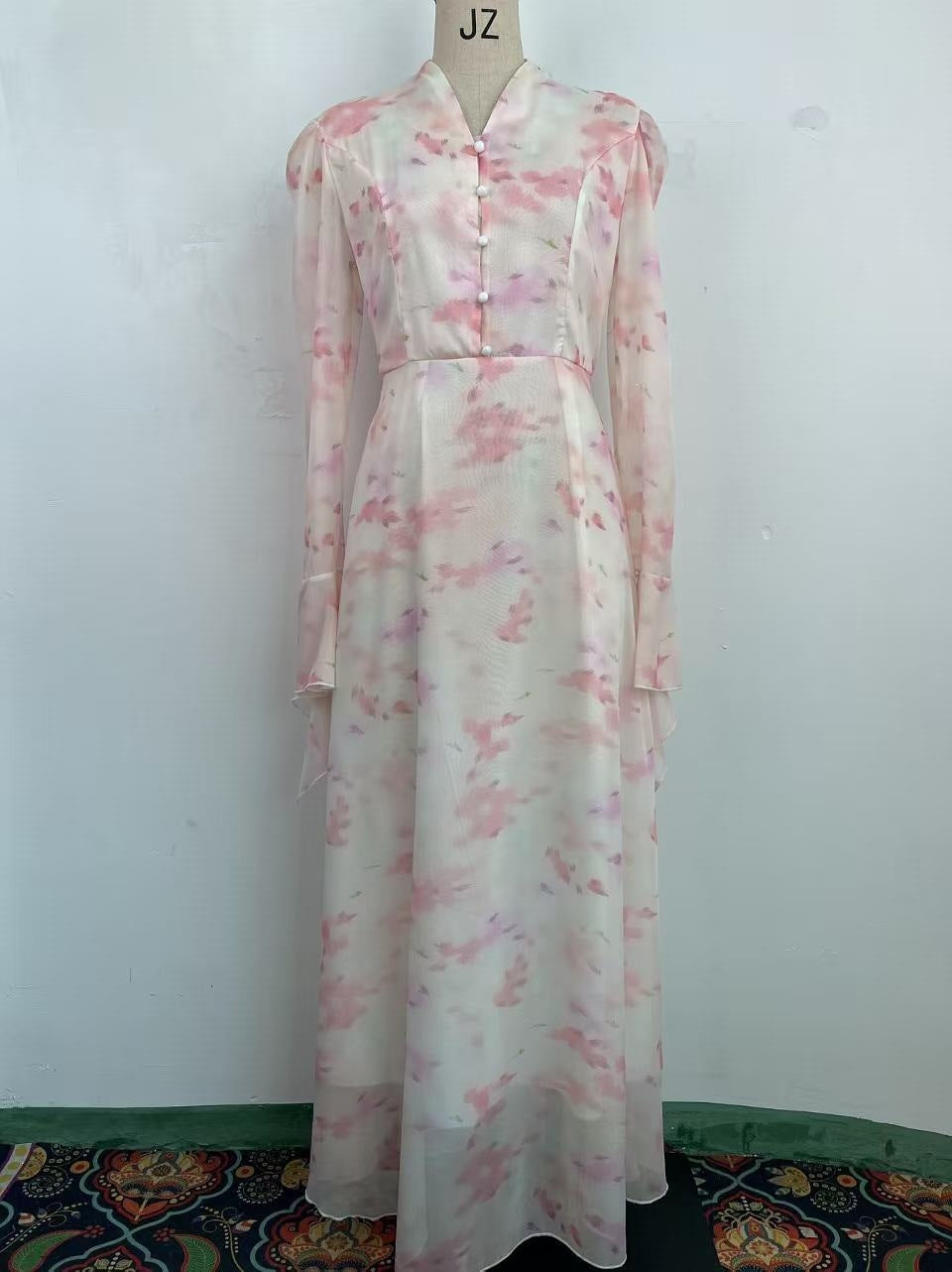 Printed Flared-Sleeve A-Line Midi Dress for Women, Long Sleeve