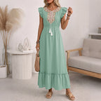 Tassel Tie-Waist Flutter-Sleeve A-Line Maxi Dress for Women
