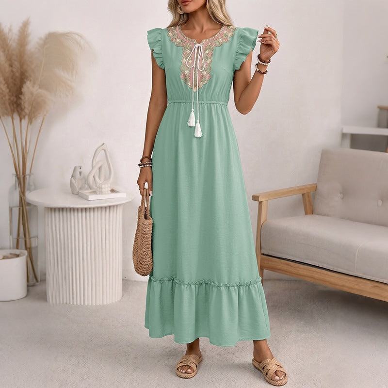 Tassel Tie-Waist Flutter-Sleeve A-Line Maxi Dress for Women