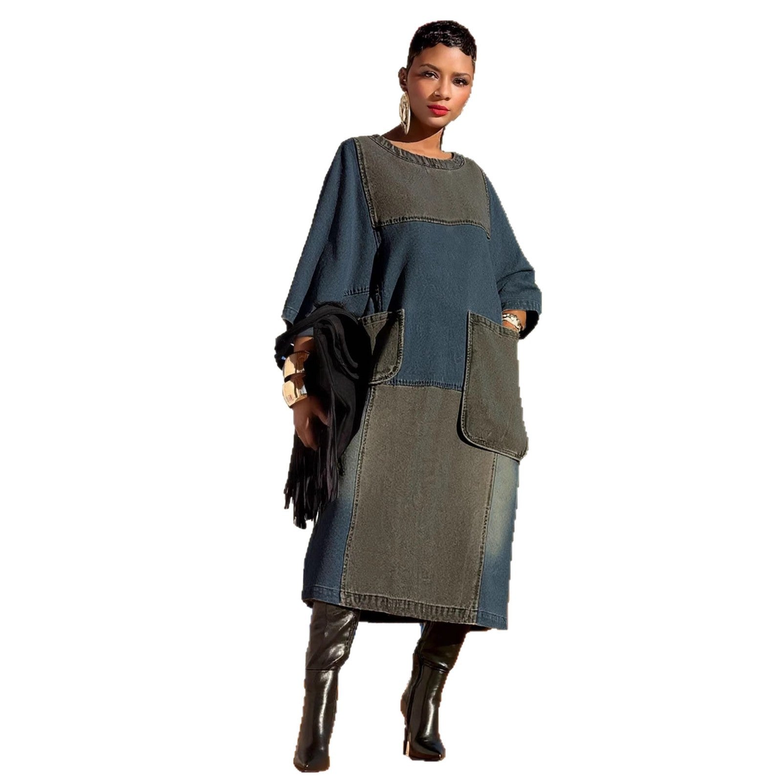 Loose Denim Midi Dress, Asymmetrical Hem