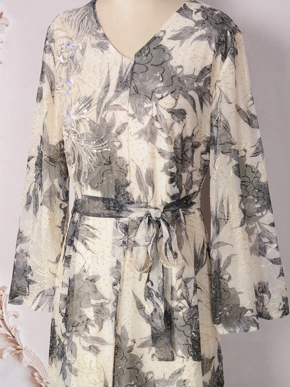 V-Neck Lace-Up Long-Sleeve Maxi Dress