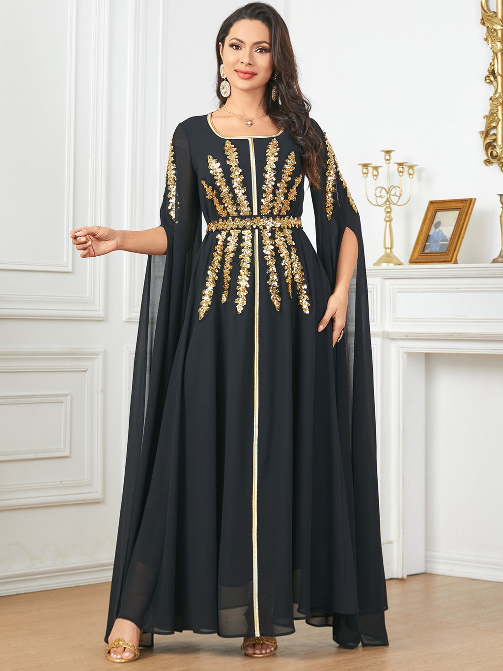 Beaded Flared-Sleeve Evening Maxi Dress