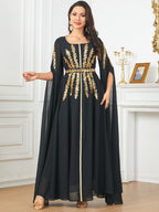 Beaded Flared-Sleeve Evening Maxi Dress