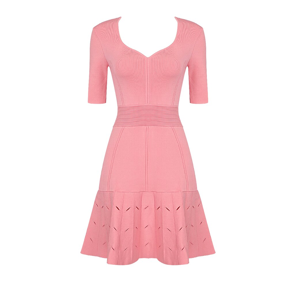 Cotton Jacquard V-Neck Bandage Dress, Pink and Navy
