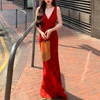 Floral V-Neck Strap Bodycon Maxi Dress for Women, High Waist