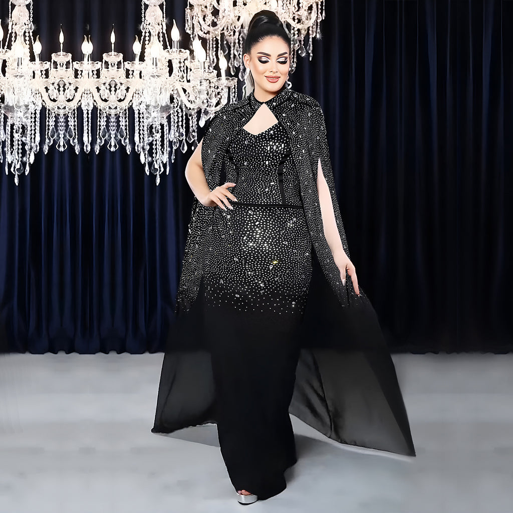 Rhinestone Cape Bodycon Maxi Dress