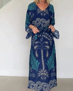 Bohemian Geometric Chiffon Maxi Dress for Women, V-Neck