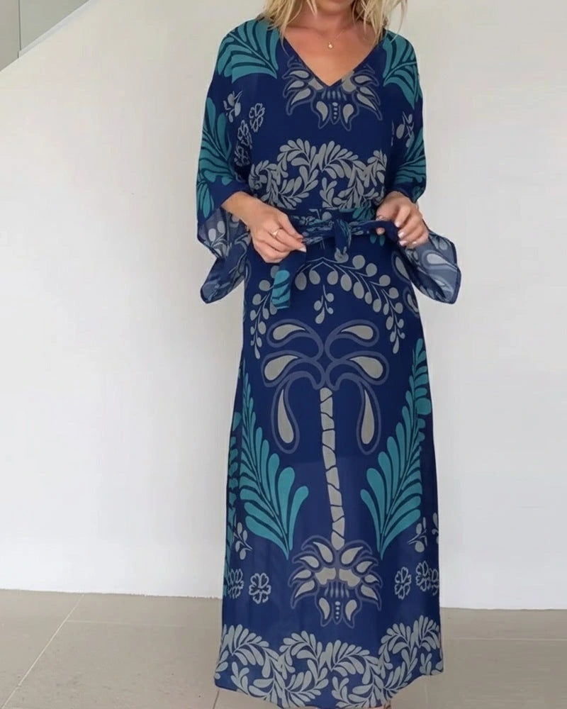 Bohemian Geometric Chiffon Maxi Dress for Women, V-Neck