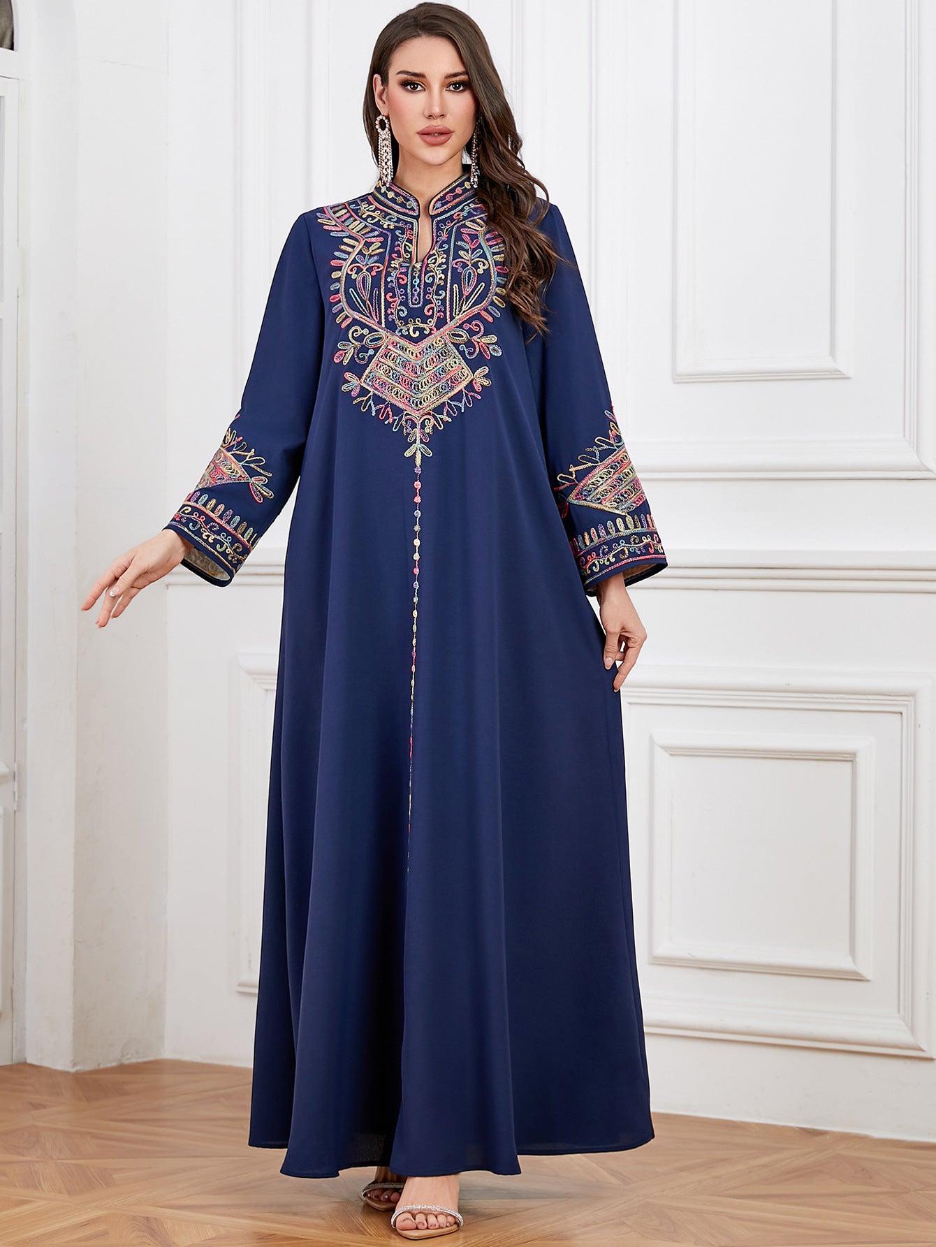 Navy Rope-Embroidered Robe Dress