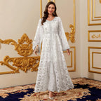White Gold-Foil Maxi Dress, Long Sleeve