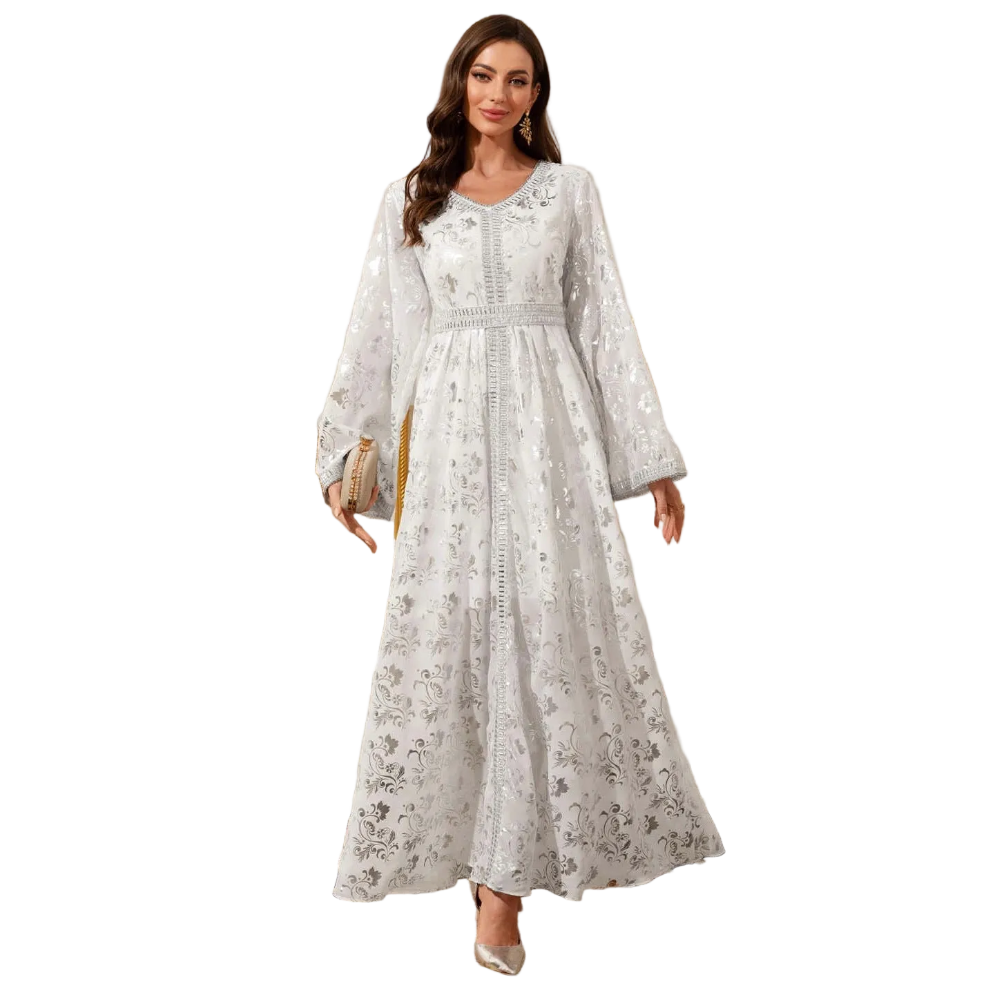 White Gold-Foil Maxi Dress for women with long sleeves Main image