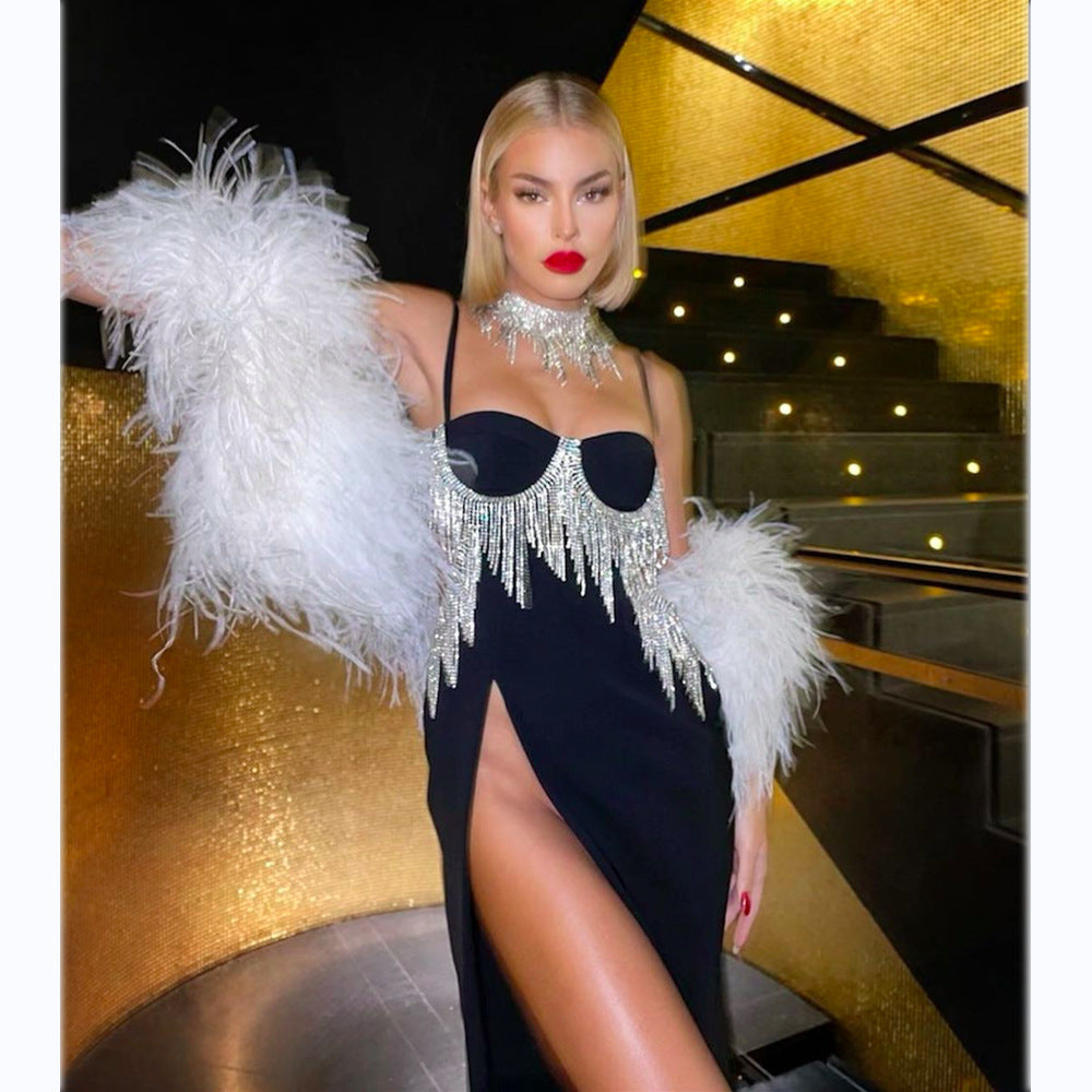 Diamond Tassel Slit Suspender Evening Dress for Women