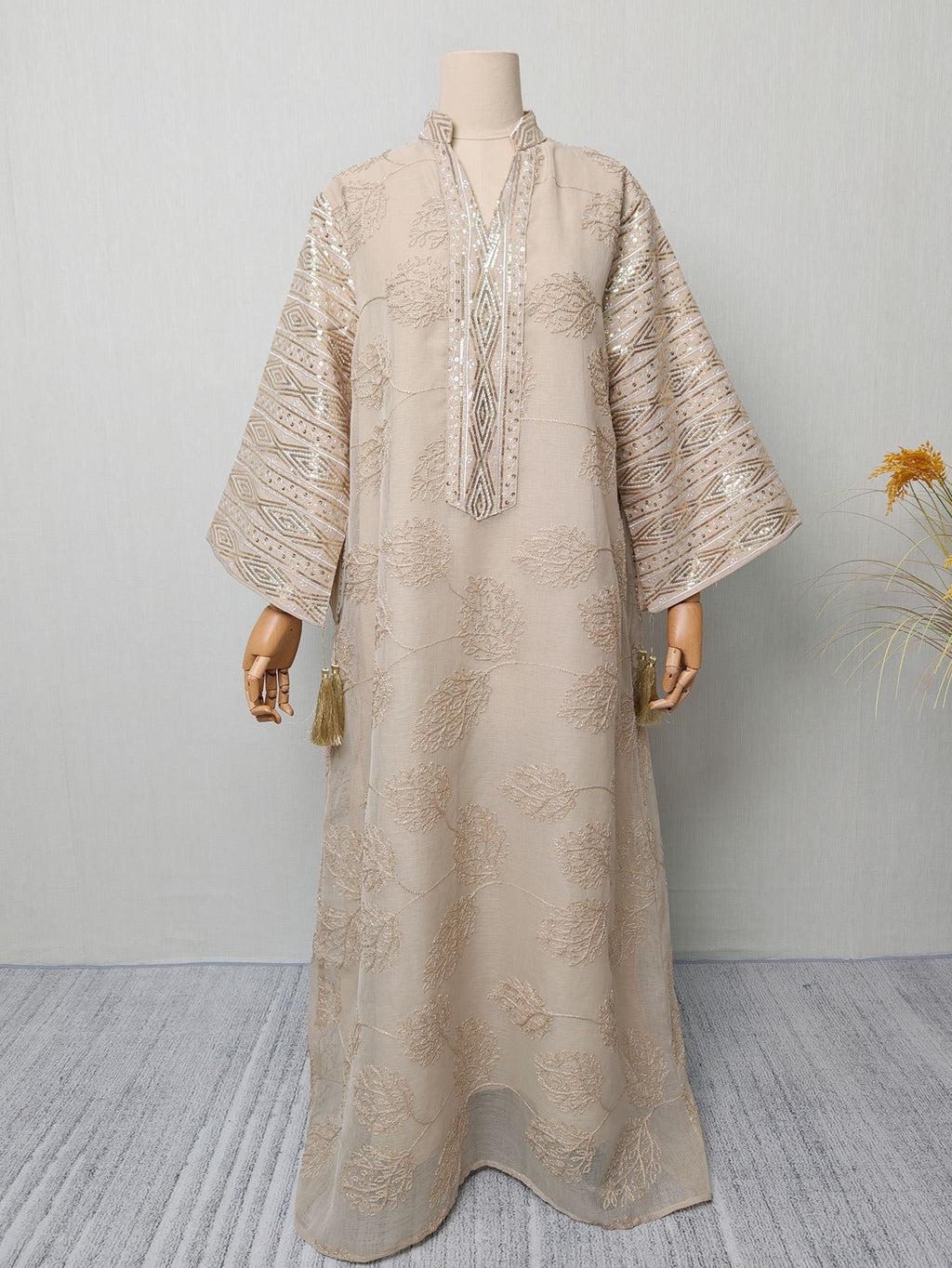 Embroidered Floral Maxi Dress, Long Sleeve