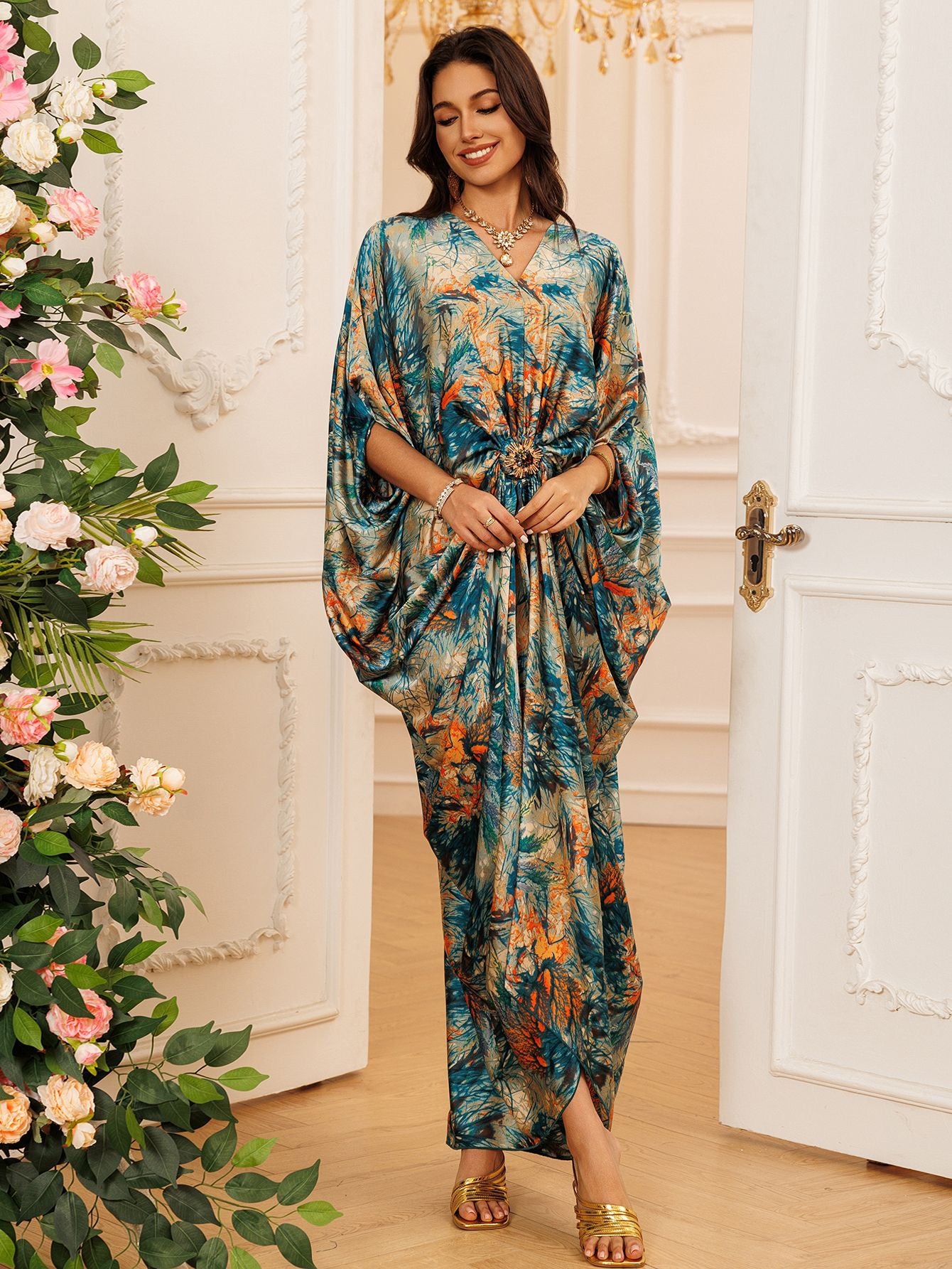 Printed Crew-Neck Maxi Dress