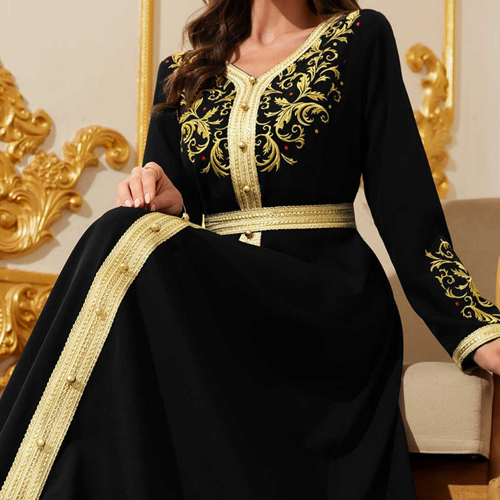 Black Embroidered Long-Sleeve Maxi Dress