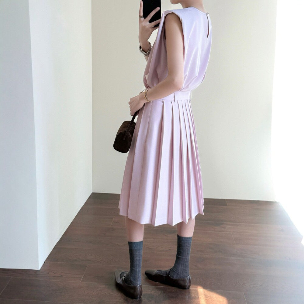 Sleeveless Vest and Pleated Midi Skirt Two-Piece Set for Women
