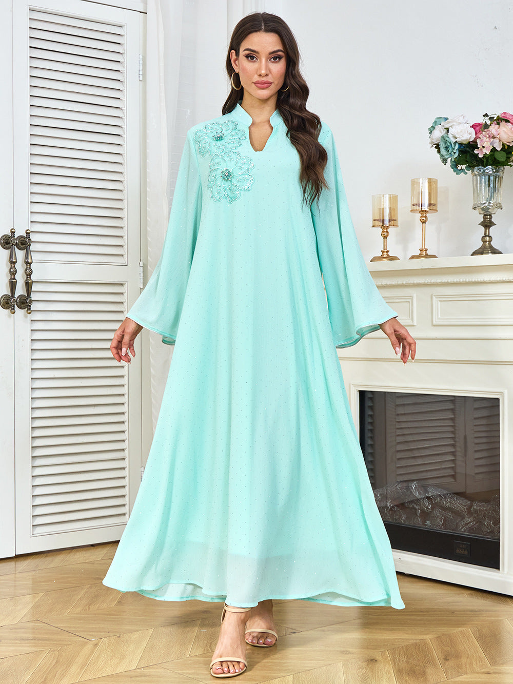 V-Neck Loose Long-Sleeve Maxi Dress, Light Blue & White